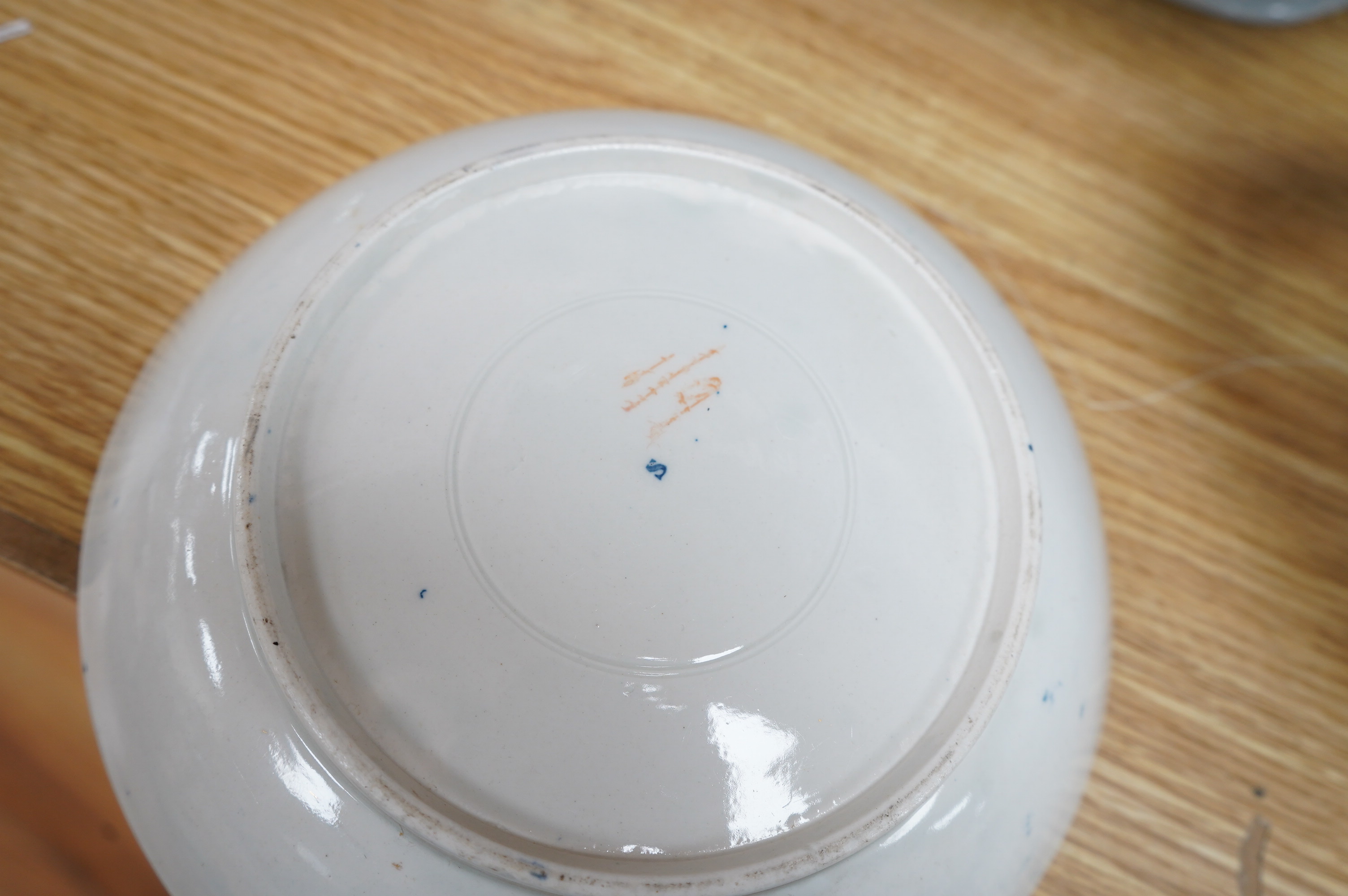 A Spode blue and white oval basket, a Spode two-handled pedestal dish, a Caughley Fisherman pattern saucer dish and two other items, largest 38cm wide. Condition - varies